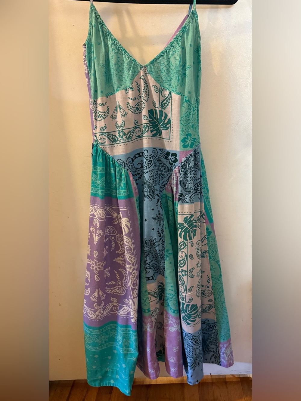 Free People Boho Patchwork Maxi Dress in Teal, Lavender, and Blue